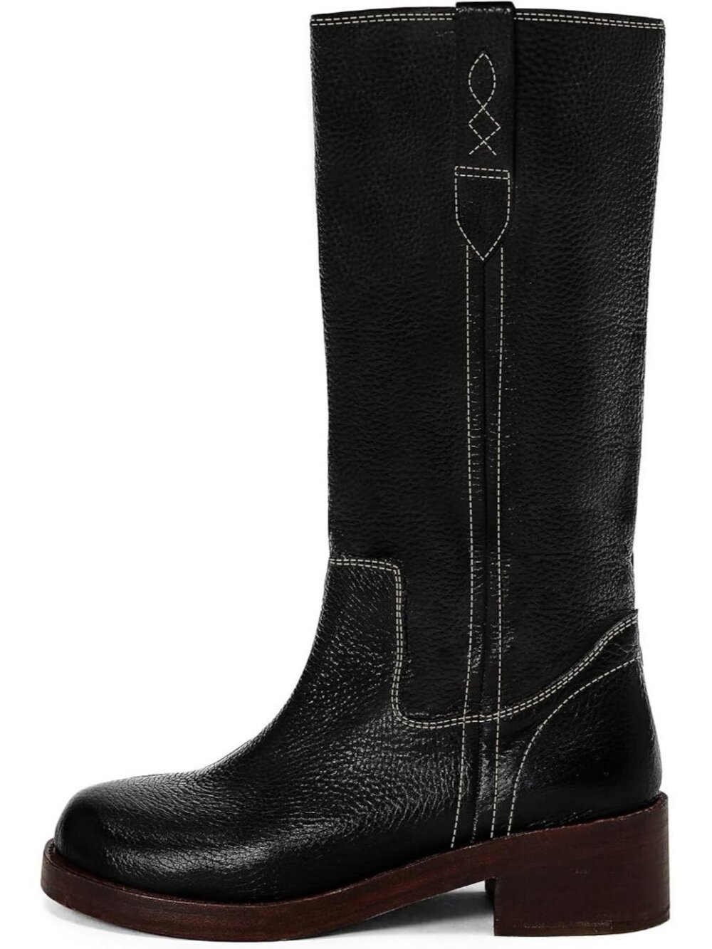 Women's Black Knee High Boots Round Toe Tall Long Boots Vintage Pull On Low Heel